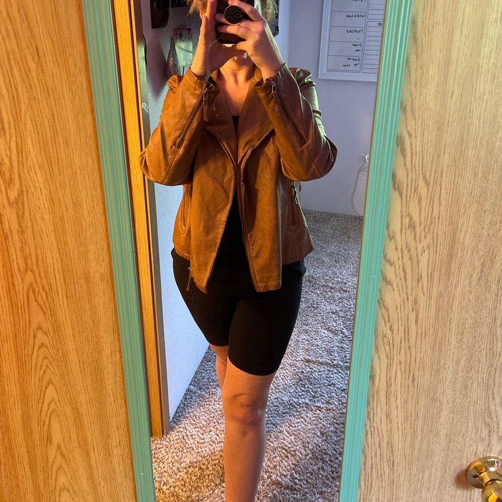Max Studio Cognac Brown Leather Moto Jacket